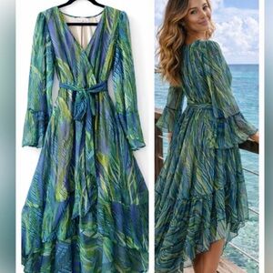 Une Ame Green and Blue  Hi Low sheer flowy v neck Women's Dress XL boho resort